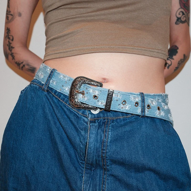 

Y2K Denim Destruction Belt Blue Ladies Retro Baroque Fashion Decoration Belt