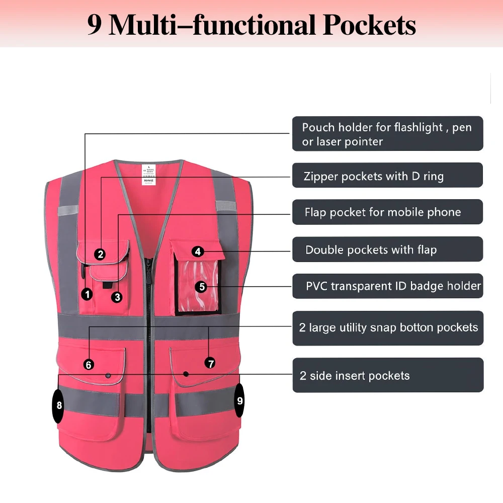 High Visibility Reflective Safety Vest for Men Women 9 Multiple Pockets Security Protection Construction Working Clothes