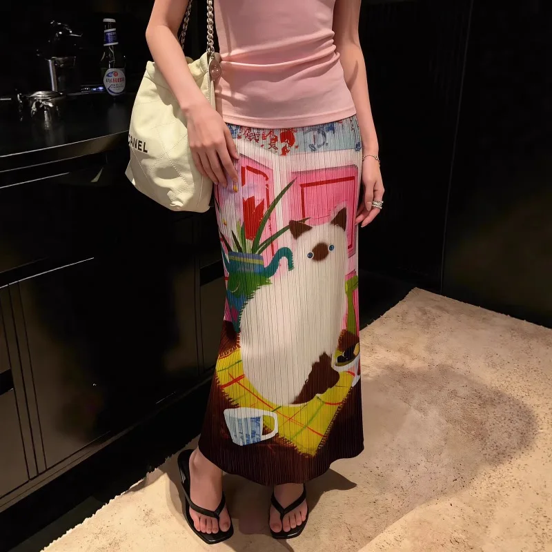 

Miyake Pleated Original Cat Print T-Shirt Plisse Women 2026 Age-Reducing Fashion Versatile Pleats Jupe Summer Thin Half Skirt