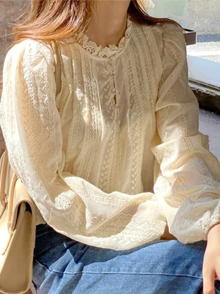 Women's Standing Neck Lace Hook Flower Long Sleeved Shirt Top Spring Korean Chic Sweet Women Ear Edge Long Sleeved Loose Shirt