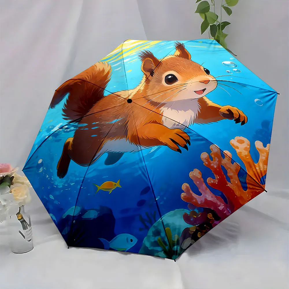 1PC Stylish Umbrella with an Underwater Squirrel Design Print 8 Iron Ribs Folding Umbrella Auto-Open Fashion Sunshade