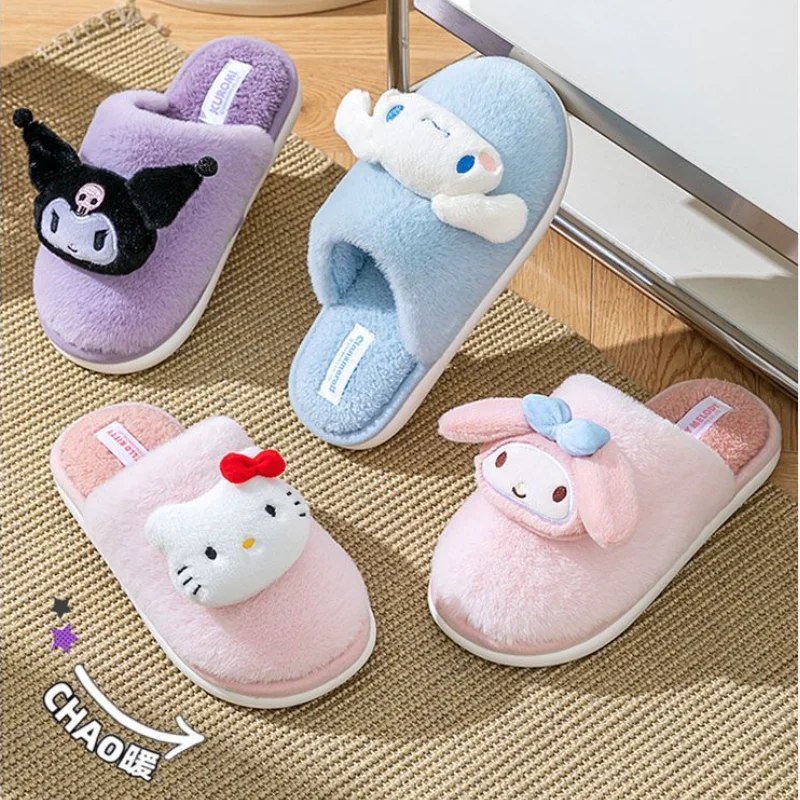 مرحبا كيتي كورومي سينامورول الكرتون النساء الشتاء المخملية سميكة المضادة للانزلاق النعال الاطفال الدفء لينة وحيد المنزل أحذية الملاعب المغطاة