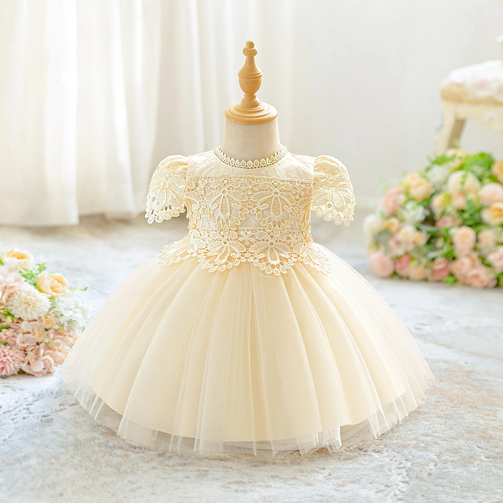 Elegant Baptism Baby Girl Dress Embroidery Mesh Toddler 1st Birthday Princess Dresses For Kids Flower Wedding Costume