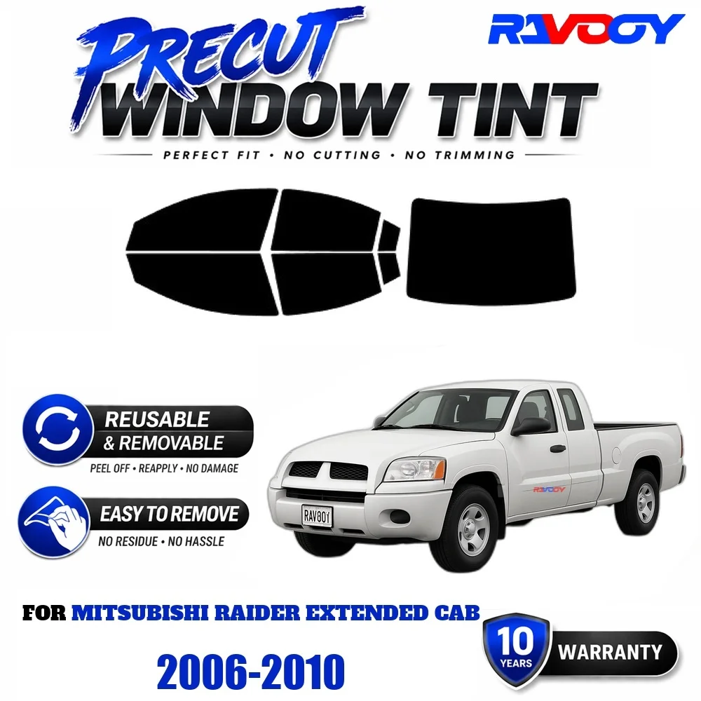 Precut Window Tint, Reusable Removable EPU Film, Custom Fit for Mitsubishi Raider Extended Cab 2006-2010, UV Heat Protection