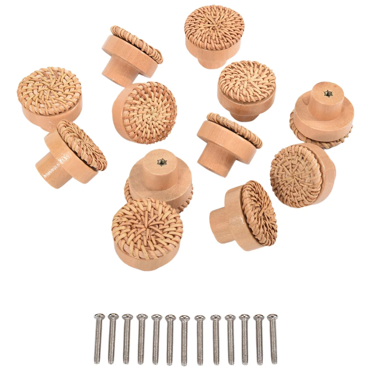 HEIßER Boho Rattan Kommode Knöpfe Runde Holz Schublade Knöpfe Handgefertigte Korbgeflecht und Schrauben für Boho Möbel Knöpfe 12 Stücke