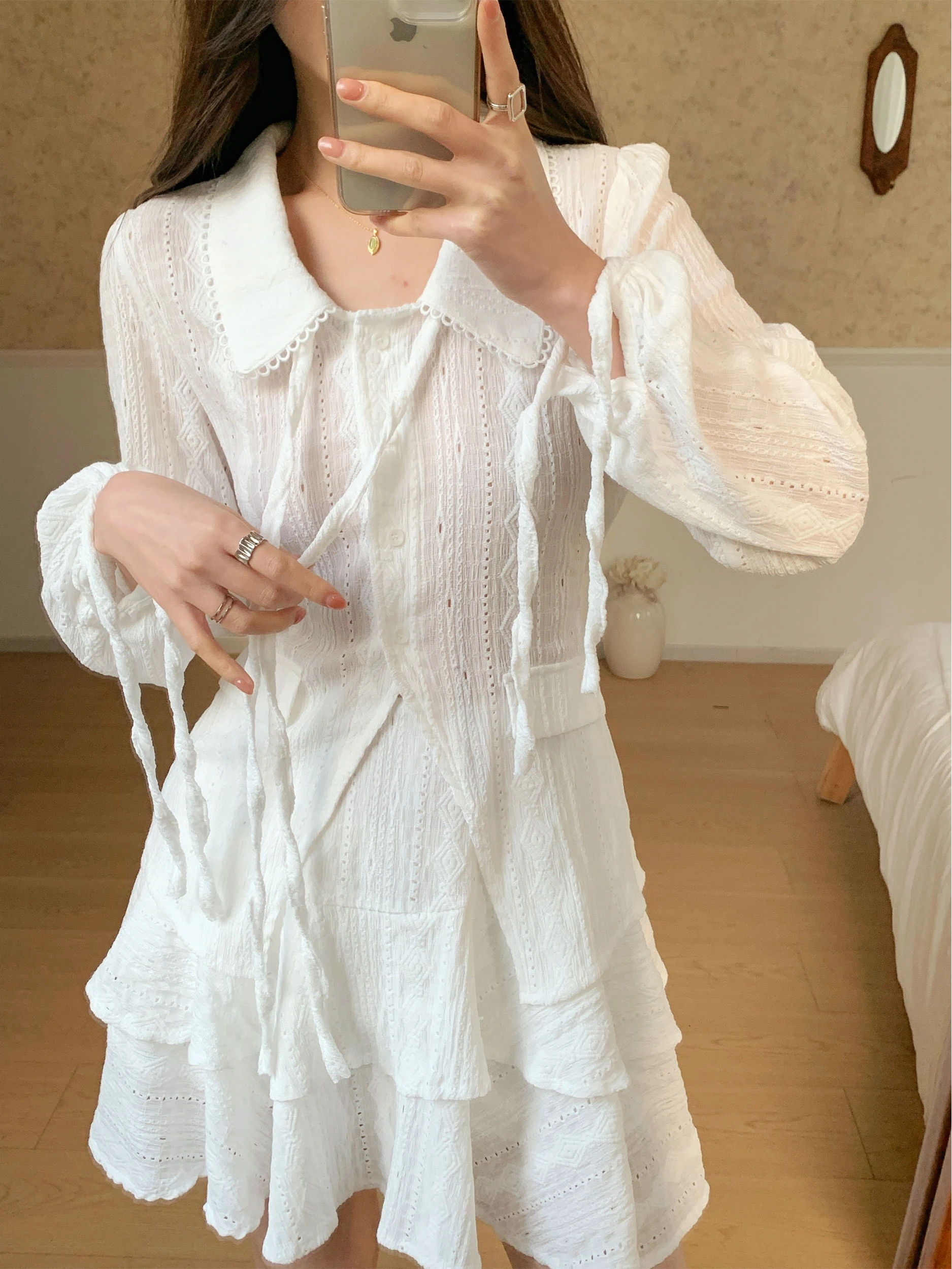 

White Waist-Cinching Belted Two-Piece Set for Women Spring Summer Versatile High-End Slimming Sweet Cotton Faion Set