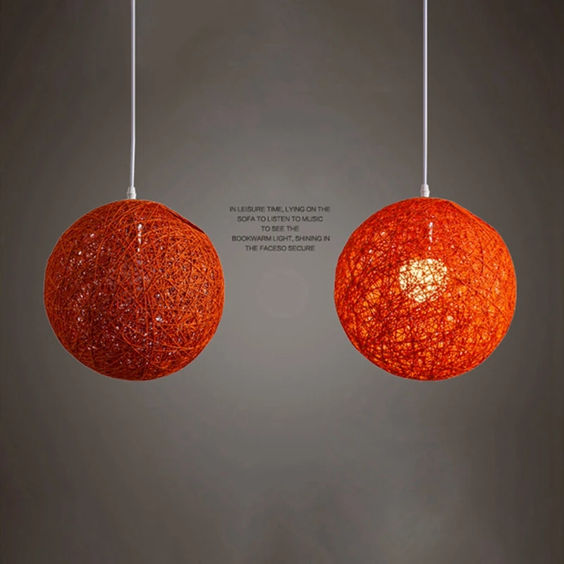 Premium-2X Coffee / Orange Bamboo, Rattan And Hemp Ball Chandelier Individual Creativity Spherical Rattan Nest Lampshade