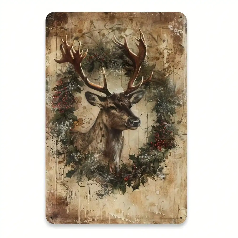 Vackeery ريفي عيد الميلاد الرنة علامة معدنية جدار الفن لديكور المنزل ، خمر الحديد عطلة ديكور مع إكليل ، حديقة في الهواء الطلق Ca