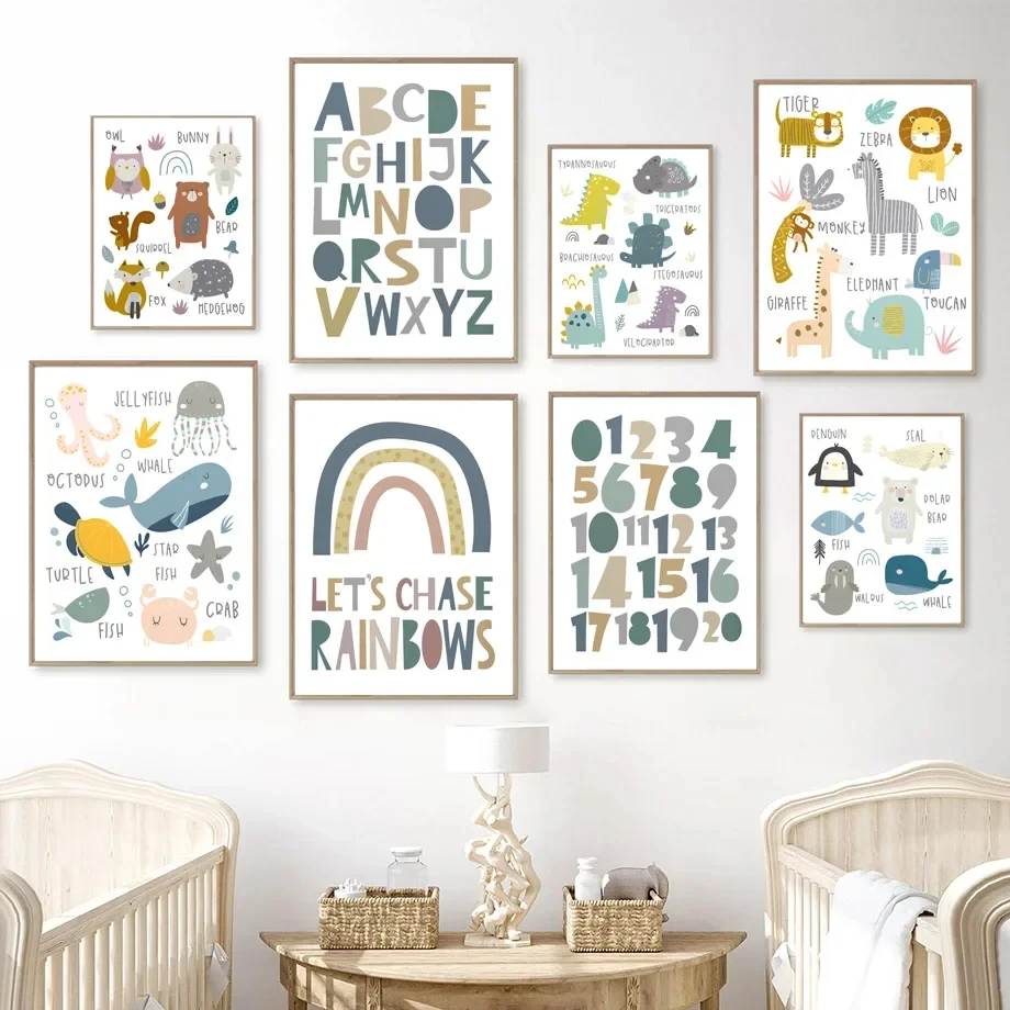 Wall Art Rainbow ABC Dinosaur Animals Marine Life Oil Painting Nordic Posters and Prints Baby Room Children's Room Decoration
