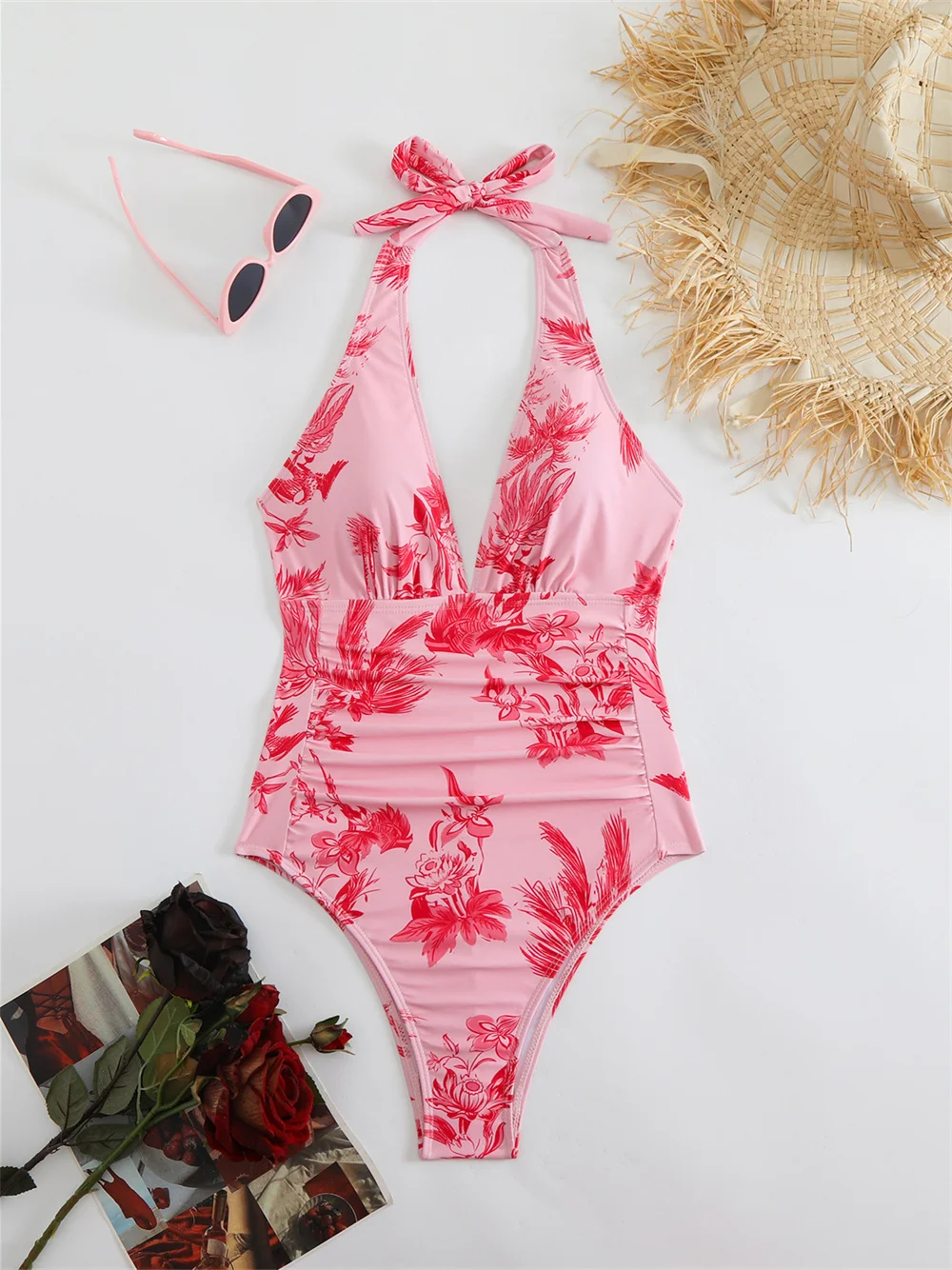 Pink Floral Bikini Deep V Push Up Swimsuit Women Halter Bandage Backless Beach Outfit 1 Piece Set Vacation Swimwear Bathing Suit