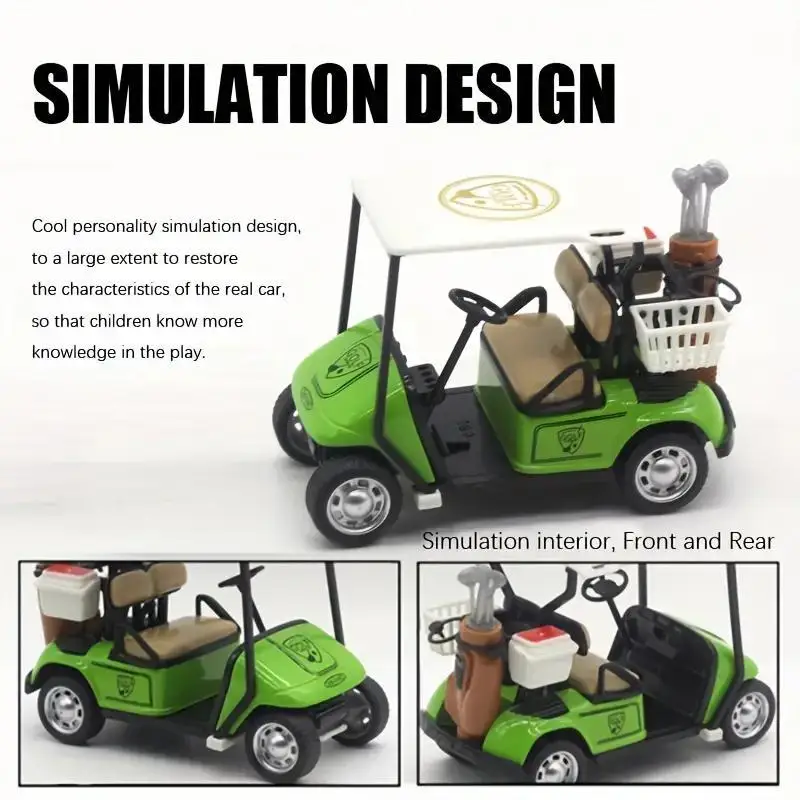 Carro modelo de carrinho de golfe de liga 1:36, brinquedo de energia retrátil e liberação, coleção de veículos de metal fundido, presentes de aniversário educacionais