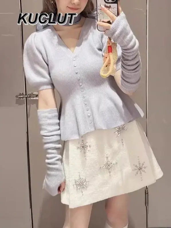 

Японский стиль Cuat и милый пуловер с v-образным вырезом, свитер, топ с пышными рукавами и галстуком-бабочкой, женская трикотажная рубашка с завязкой на талии, осень-зима