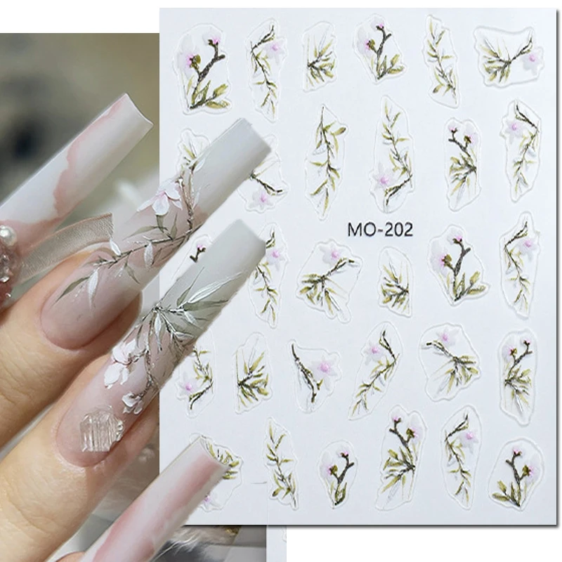 

5D Embossed Nail Art Decals Chinese Plum Blossom Flowers Leaves Adhesive Sliders Nails Stickers Decorations For Manicure