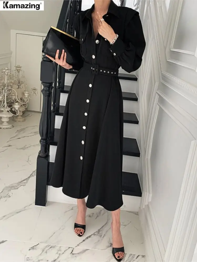 Spring Autumn Women Dress Fashion Female Puff Sleeve Vintage Solid Midi Shirt Dress Casual Single Breasted Waistband Chic Dress