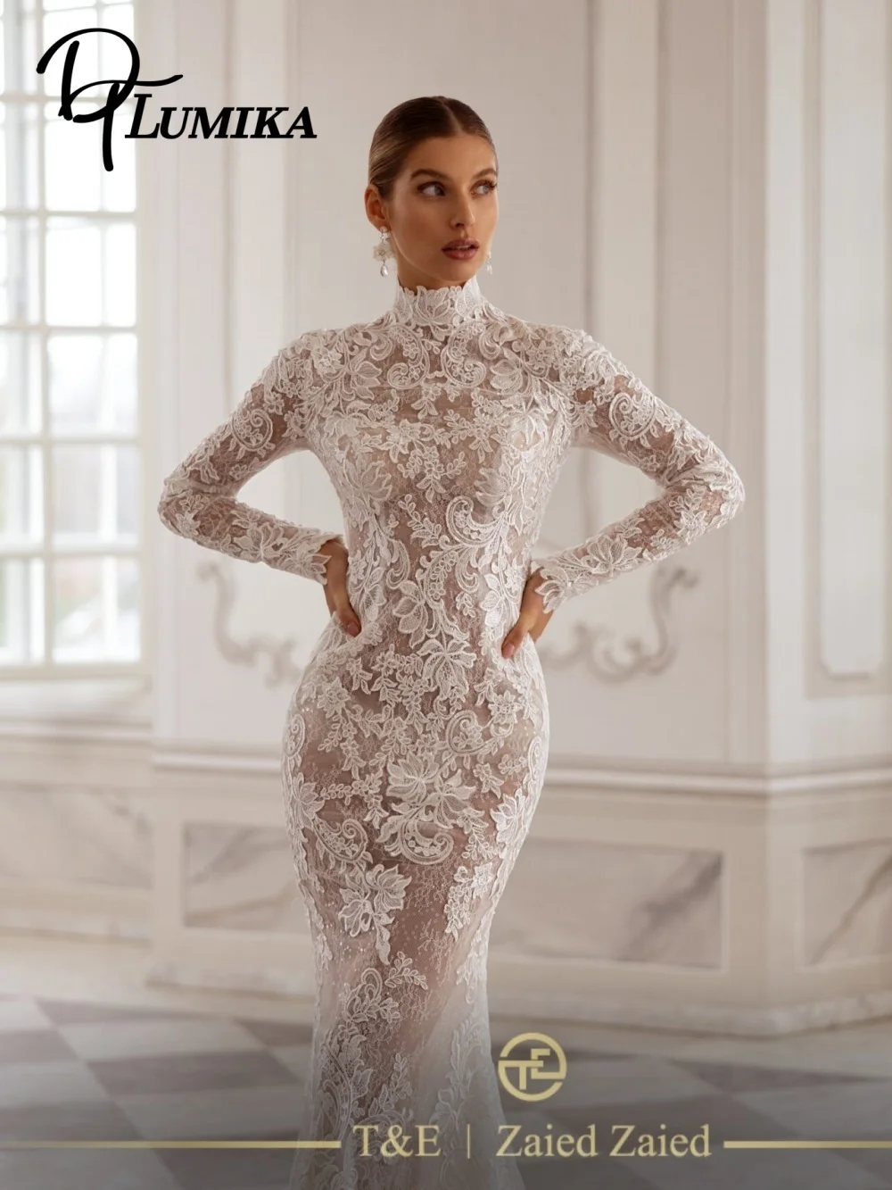 

Sexy Lace Round-Neck Wedding Dress Elegant Long-Sleeved Bridal Gown Fashion Lace Applique Floor-Length Customized