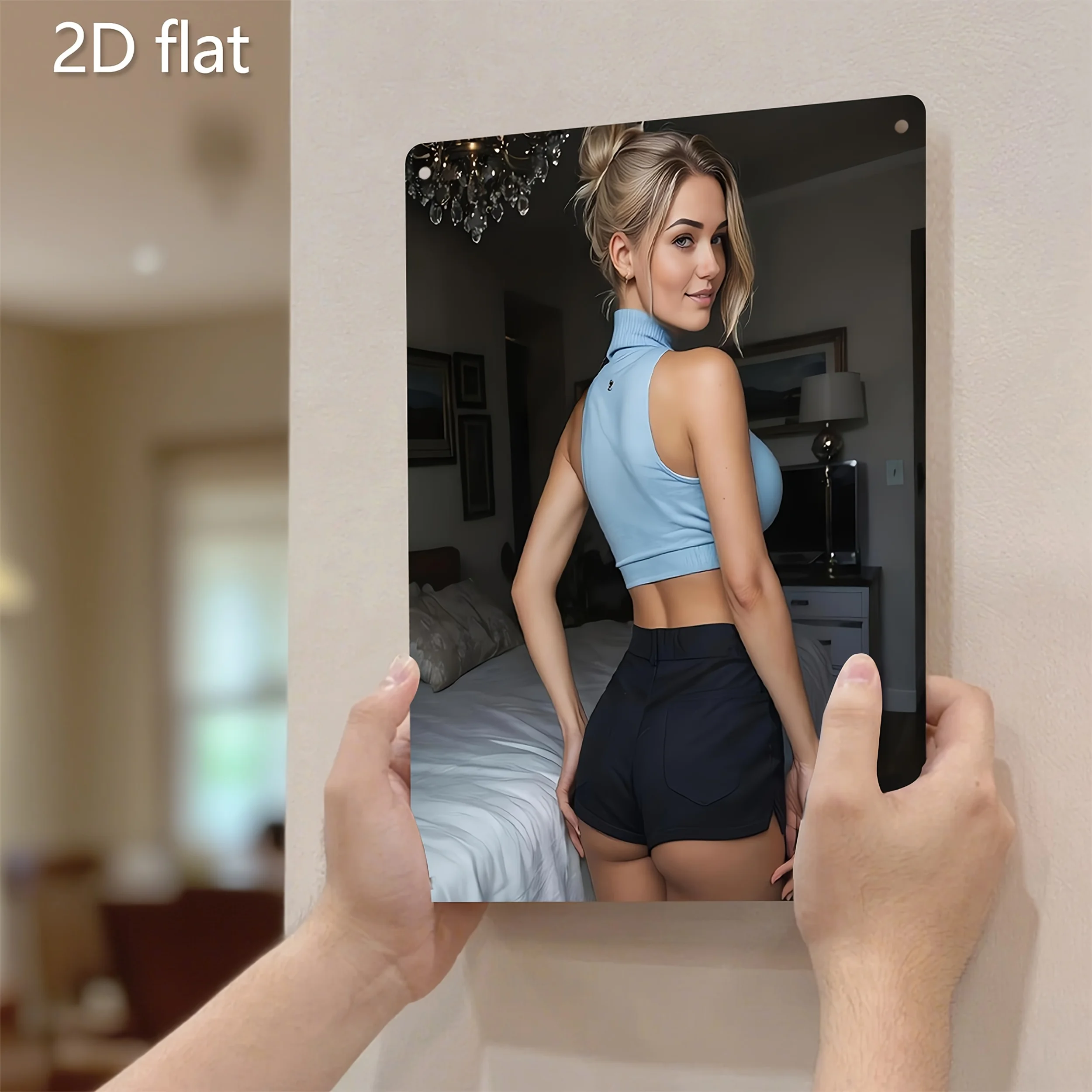 

2D Flat, 1pc 2D Flat Tinplate Metal Wall Art - Elegant Lady In Blue Shirt & Black Shorts, Weather-Resistant Iron Plaque With Pre