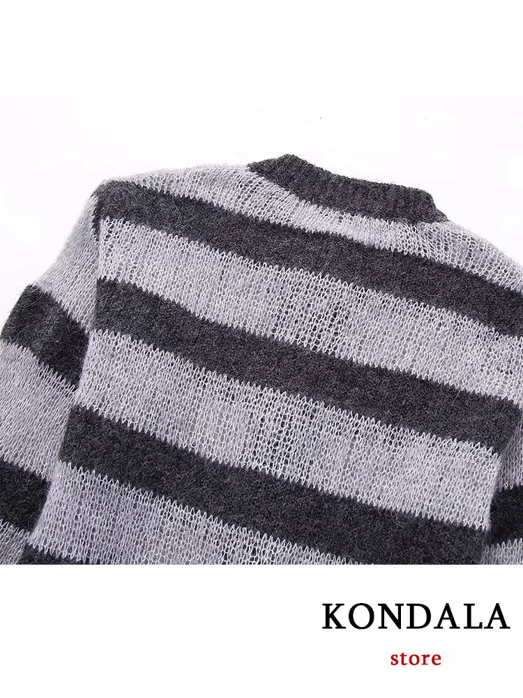 KONDALA Vintage Casual Chic Women Sweater Striped O-Neck Long Sleeve Knitted Pullovers Fashion 2023 Autumn Winter Sweaters