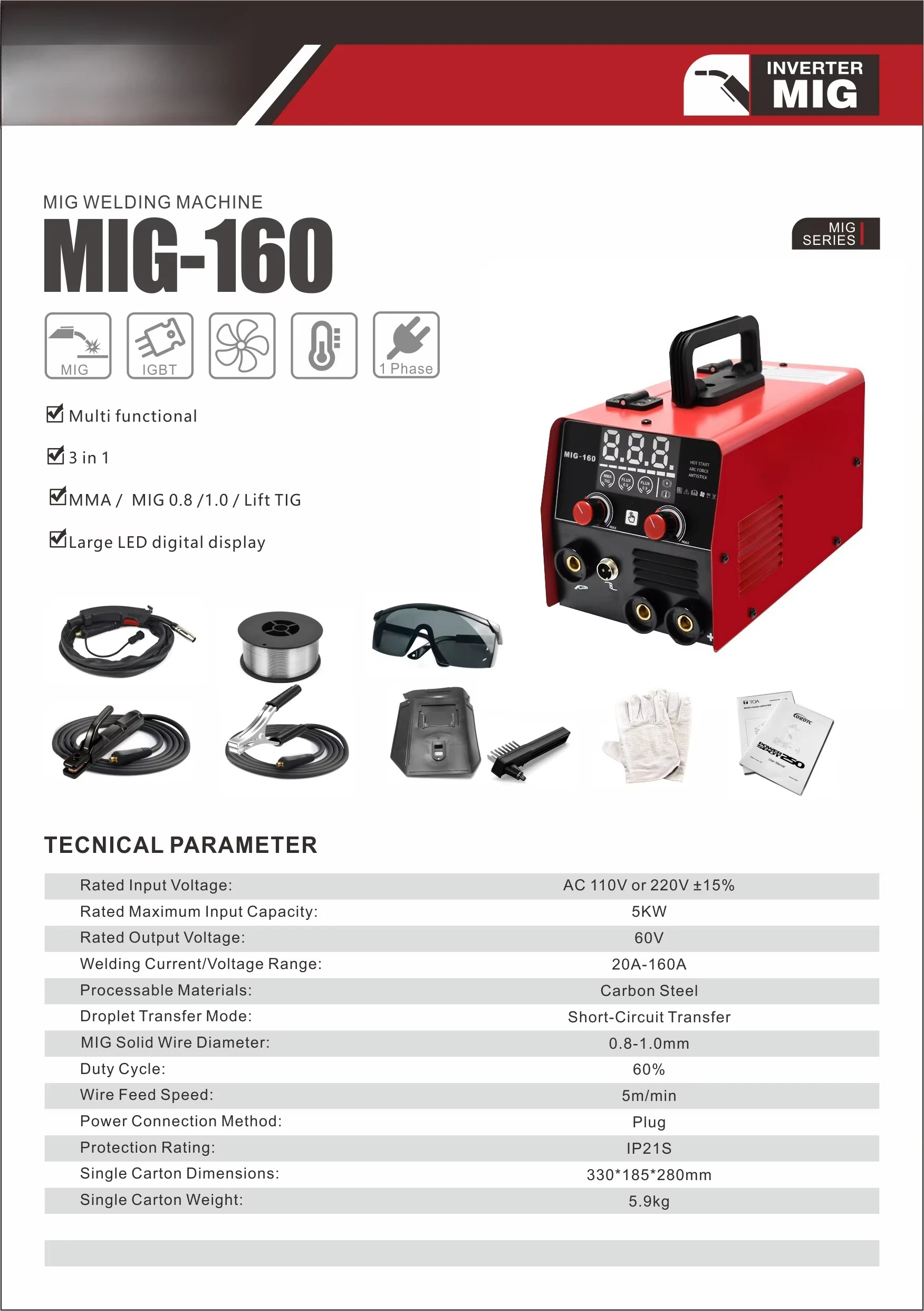 3-in-1 Inverter Welder Multi Process MIG/Lift TIG/MMA 110V/220V Dual Voltage Portable Carbon Steel 5kW view 3
