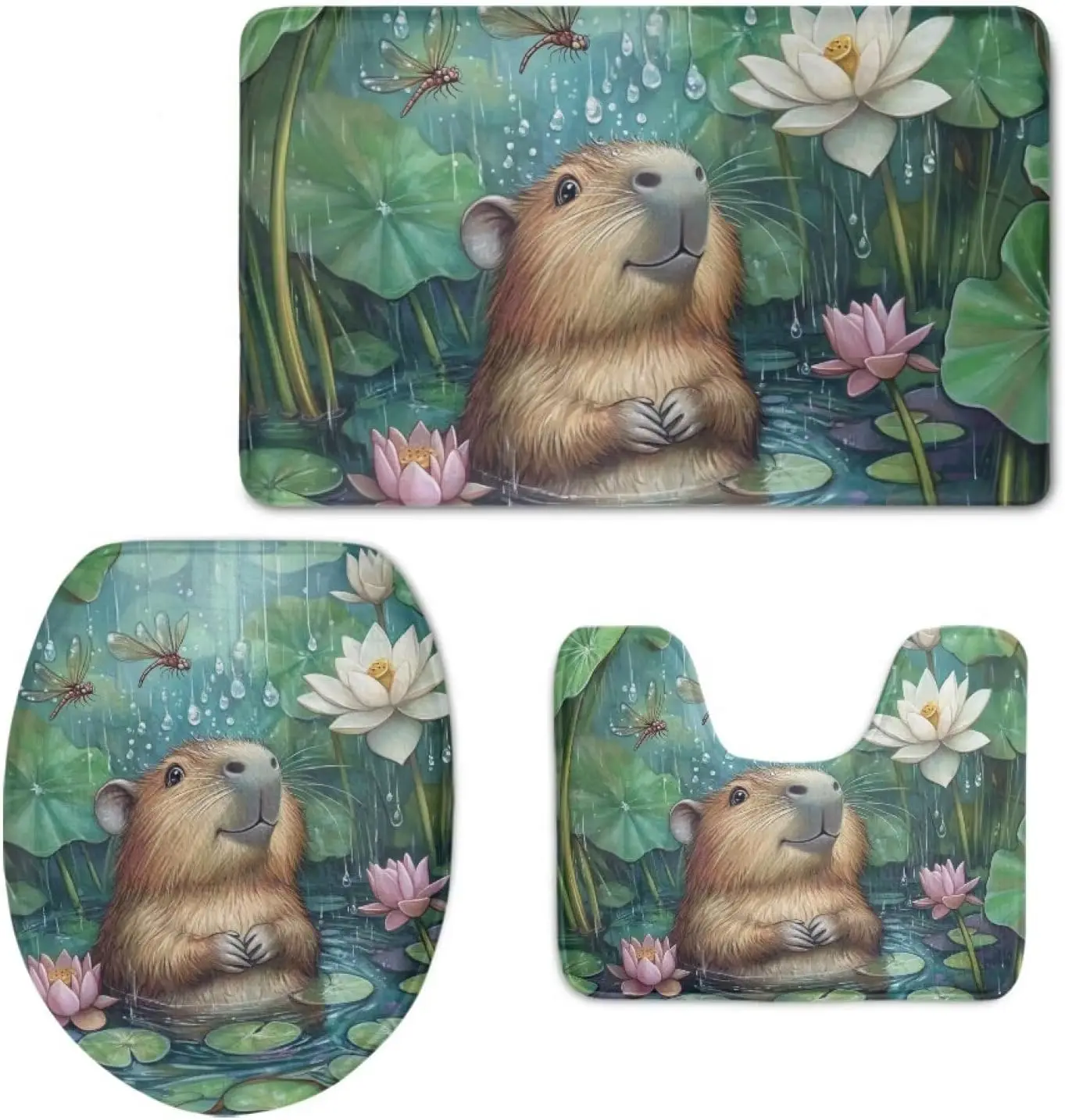 

3PCS Capybara Bath Mat Set, Water Lily Dragonfly Print U-Shape Toilet Cover, Non-Slip Absorbent Machine Washable Home Decor