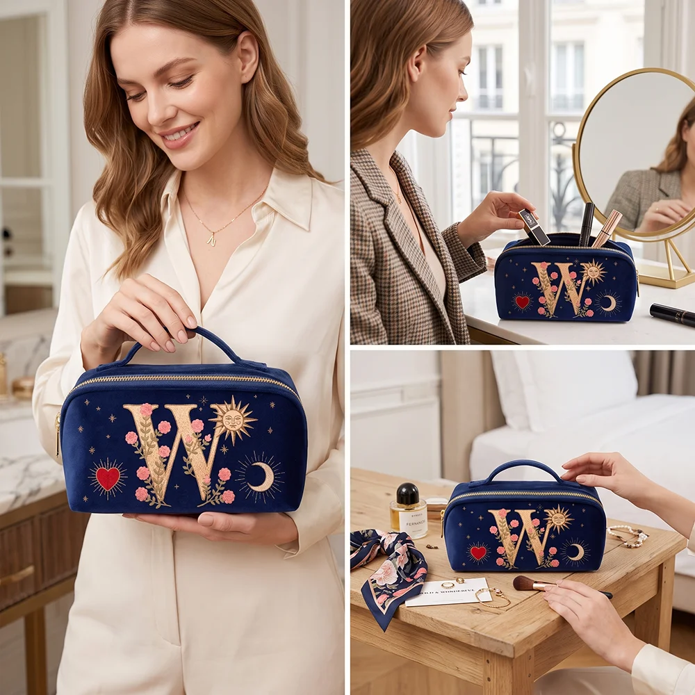 Imitations-Stickerei-Stil, Kosmetiktasche, marineblauer Samtbeutel, Vintage-Design, Samt-Kosmetiktasche, Geburtstagsgeschenk für Frauen. – Detail 6