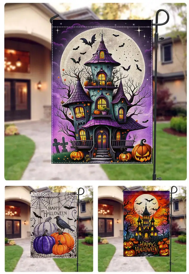 2 Stück Halloween-Horror-Gartenflagge, bunter Karomuster-Druck, Outdoor-Hofdekoration, niedliche Geister-Skelett-Flagge für den Allerheiligen-Tag – Detail 4