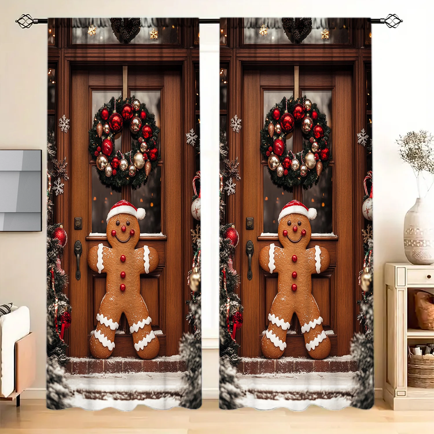 

2 шт., рождественская занавеска с принтом пряничного человечка для рождественского домашнего декора-карман стержневым карманом для обработки окон для спальни, офиса, кухни