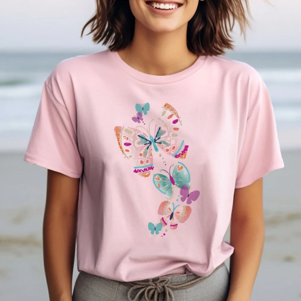 

Summer Essential Cotton Women's Basic Crew Neck Tee Butterfly pattern Floral Graphic Print Women's Tee cotton t-shirt