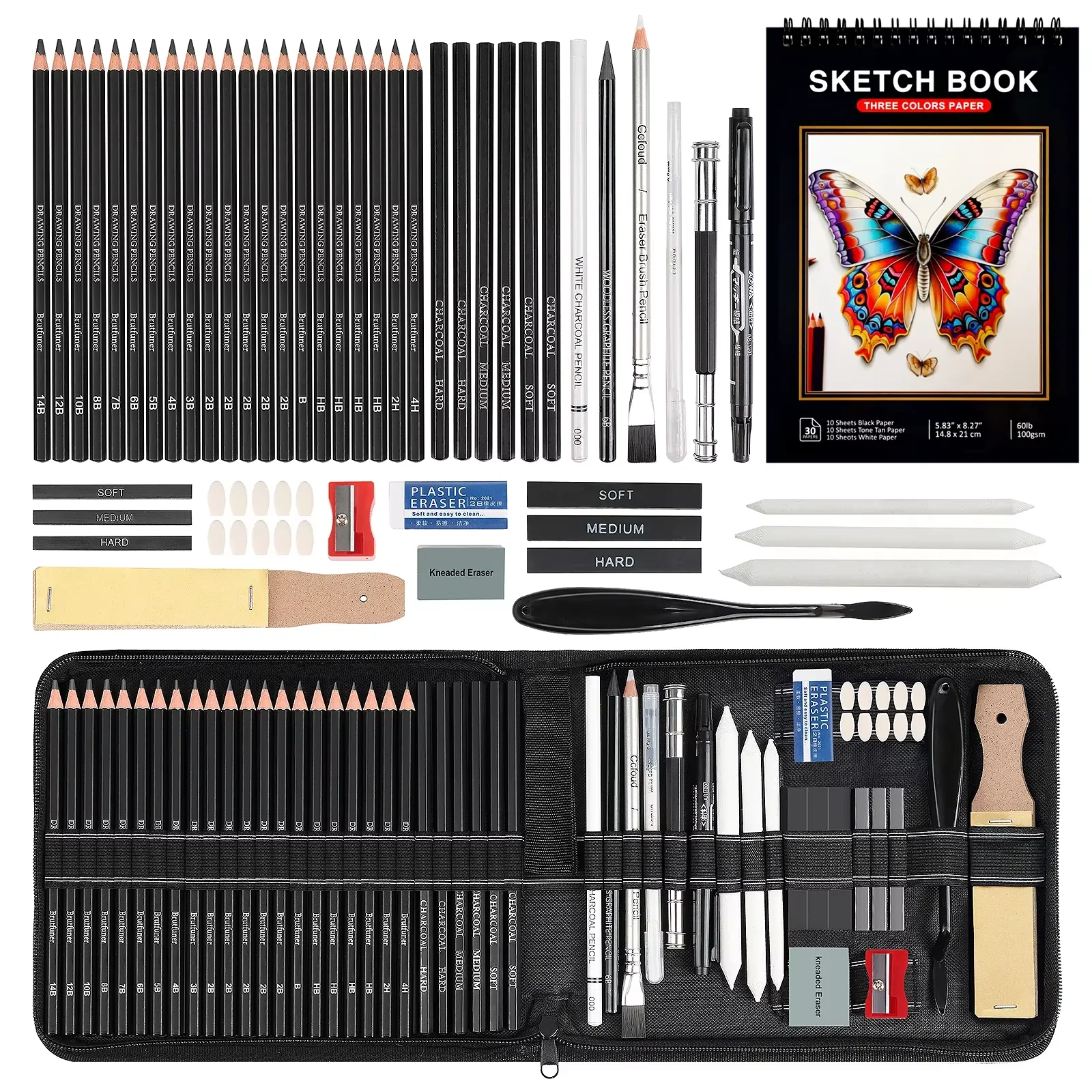 14-60 pcs Drawing Set Sketching Kit - Art Supplies,for Adults Artists with 3-Color Sketchbook,Graphite,Pastel,Charcoal Pencils