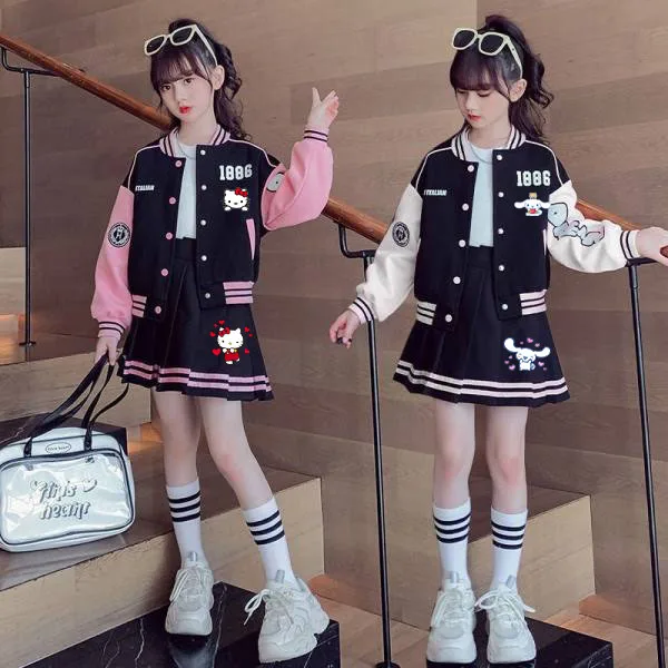 Anime Sanrios Kuromi Girl Baseball Jacket Uniform Pleated Skirt 2Pcs Kittys Cinnamoroll Coats Skirts Suit Teenage Outfit Clothes