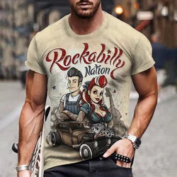 Vintage Men's T-Shirt Crew Neck Pullover Short Sleeve Top Route 66 Biker Print Oversized Clothing Street Casual T-Shirt For Men