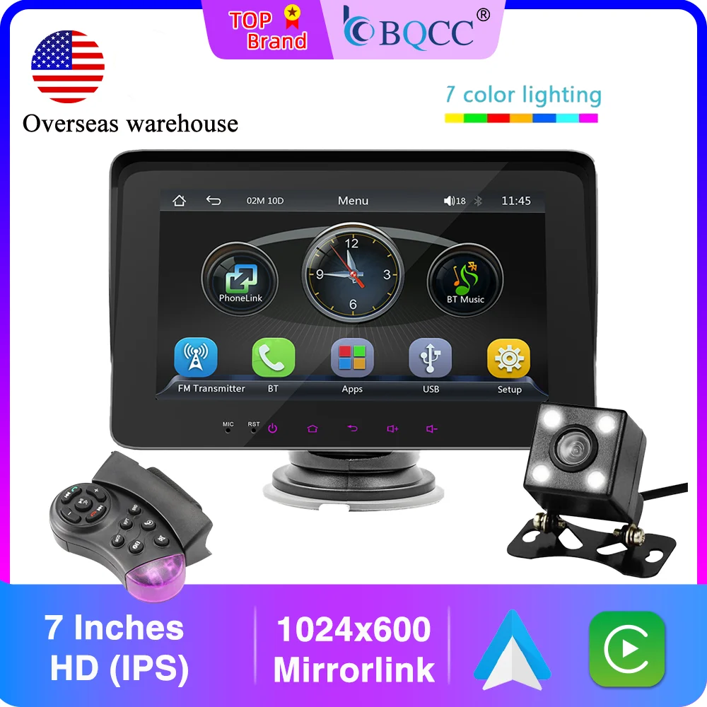 

BQCC 7 Inch HD Portable car MP5 Player Mirrorlink Wireless Carplay Android Auto Colorful lights BT Car Stereo for Universal