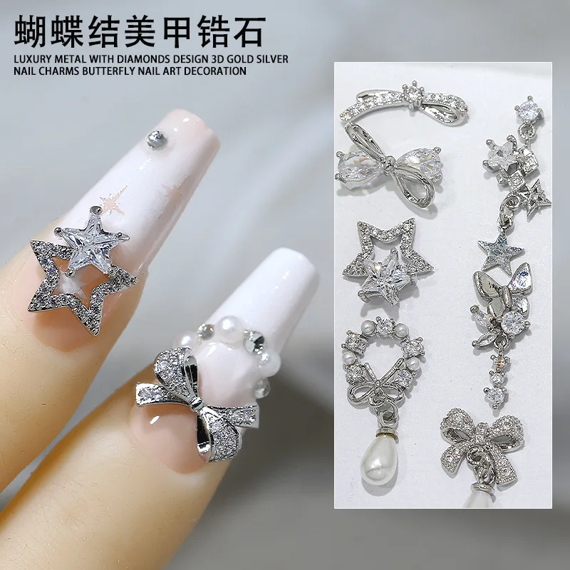 2PCS Luxury Zircon Silver Ribbon Bow 3D Nail Art Charms Glitter Pearl Star Moon Pendant Rhinestones Decor Manicure Accessories