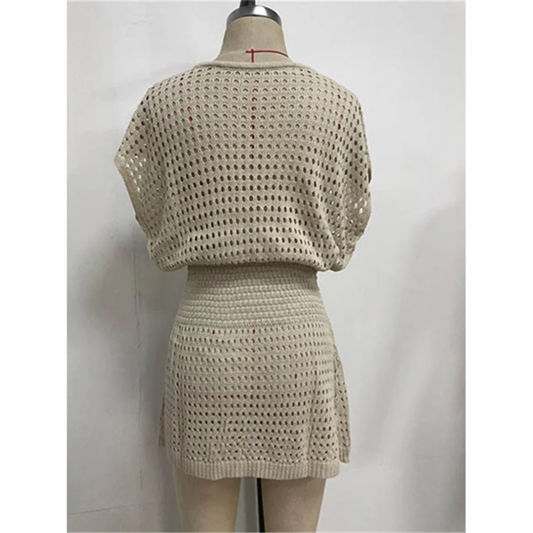 2026 Ausgehöhltes Kurzarm-Häkel-Strick-Tunika-Strandkleid Strandkleidung Strandmode Strand-Cover-Up für Damen V5494 – Detail 26