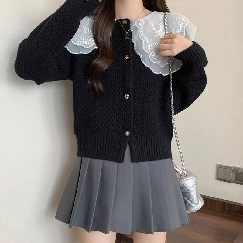 French Double Layer Doll Collar Knitted Cardigan Autumn Clothing Women's Single-breasted Long Sleeve Outer Sweater Jacket