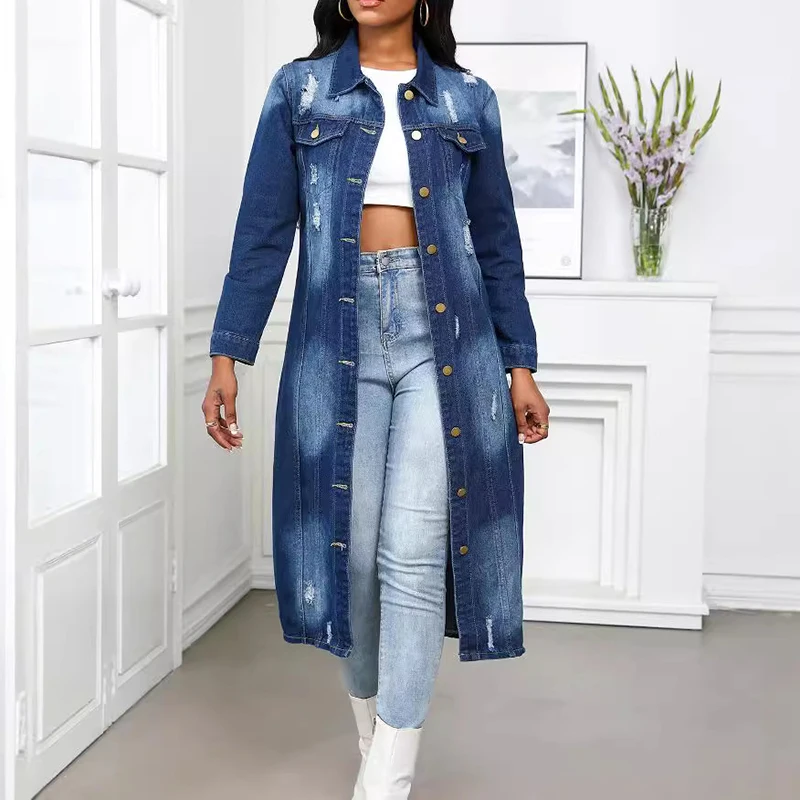 Trench da donna in denim stile buco monopetto al ginocchio stile giacca di jeans con design sfumato rovesciato soprabito blu