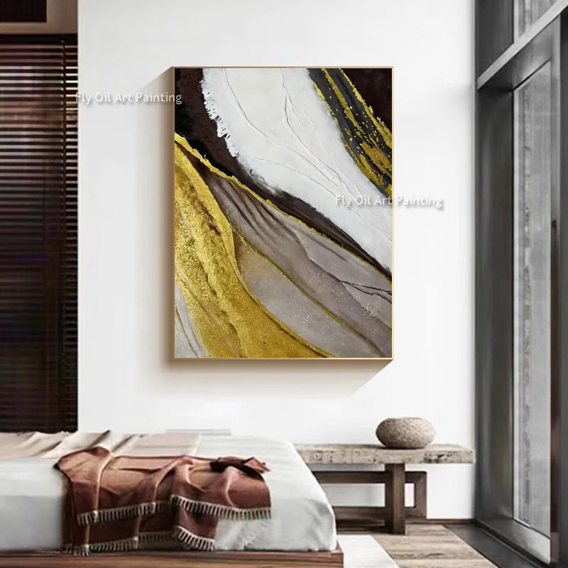 Hand Painted Abstract Oil Painting Thick Texture Gold Leaf Canvas Black White Grey Flowing Wave Luxury Wall Art For Home Decor