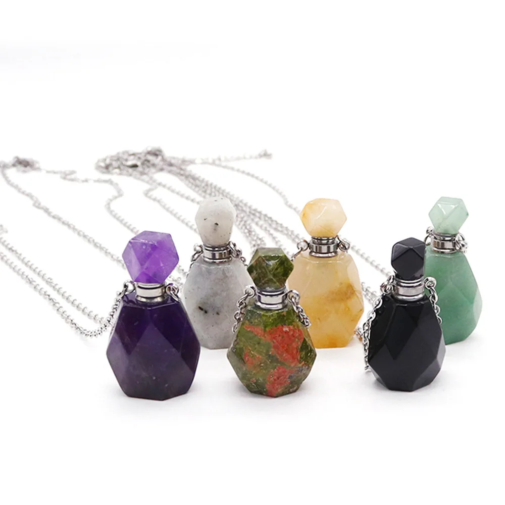 1pc Natural Stone Perfume Bottle Pendant Necklace Stainless Steel Aromatherapy Essential Oil with Stone Quartz for Women
