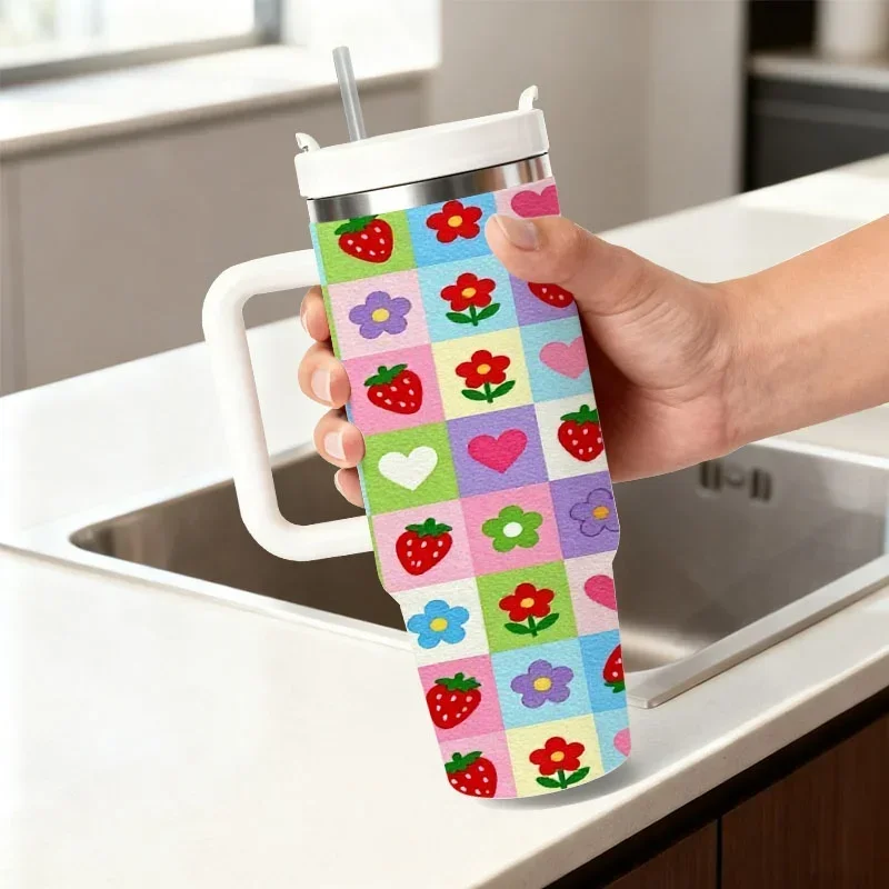 Stainless Steel 40Oz Insulated Tumbler, Pastel Checkered Digital Print with Cute Fruit, Heart, Flower And Butterfly Patterns, Durable Drinkware for Daily Use, Outdoor Trips And Office Drinks