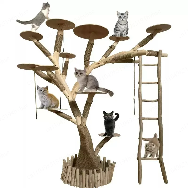 Integrated cat bed tree grab post and toy teasing station, multifunctional climbing frame for indoor entertainment of cats