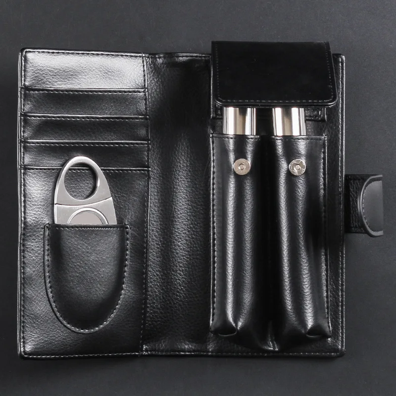 

Black PU Leather Cigar Case Portable Travel Pouch with Humidor Holster Holder Accessories Set Includes 2 Tubs And Cutter