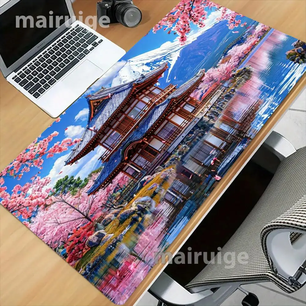 Sakura Fuji Mountain Pavilion Desk Mat Smooth Cloth Surface Large Size Mouse Pad For Japanese Desk Decor