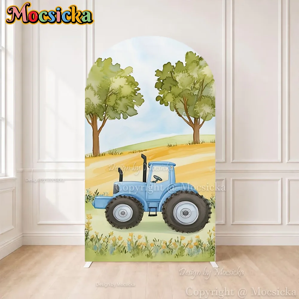 Mocsicka Custom 2-Sided Arch Cover Backdrop Watercolor Blue Tractor Farm Tree Scenery Background Boys Birthday Cake Smash Photo