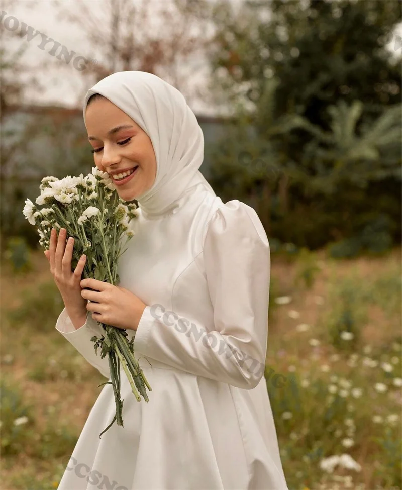 فساتين سهرة من الساتان أحادي اللون للنساء ، فساتين حفلات رسمية إسلامية ، أكمام طويلة ، رقبة عالية ، عربية وبسيطة