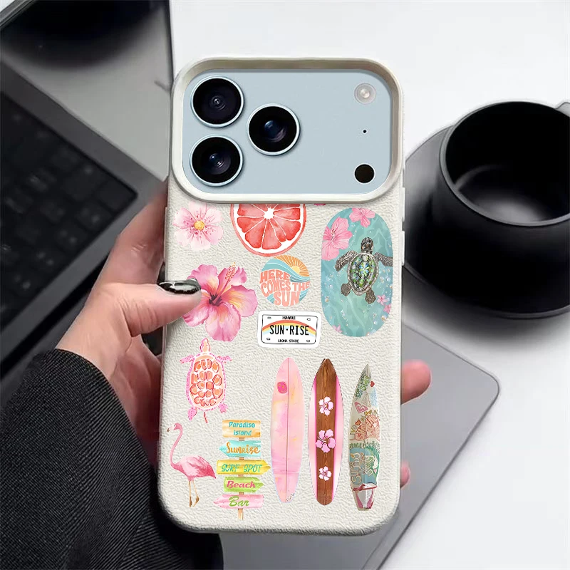 Ozean Blumen Seepferdchen Schildkröte Print Handyhülle für iPhone 17 16 15 14 13 12 Pro Max 17 Pro Air 11 16e Leder Textur TPU Cover