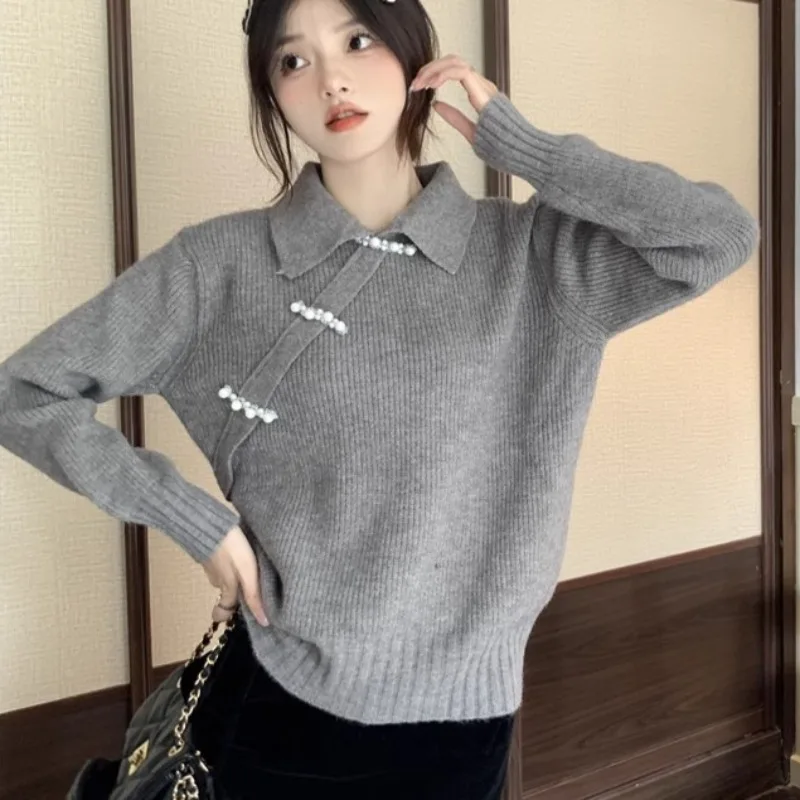 Pullovers Women 3 Colors Pearls Chic Knitted Windproof Spring Autumn Design Turn-down Collar Young Loose Soft Simple Casual Ins