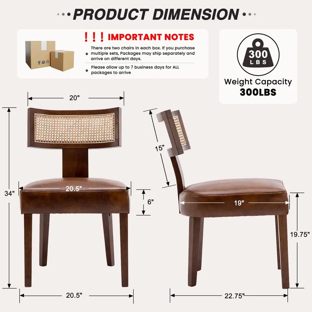 Mid Century Modern Rattan Dining Chairs Set of 4, Farmhouse PU Leather Upholstered Accent Chair Curved Backrest Kitchen Chairs,