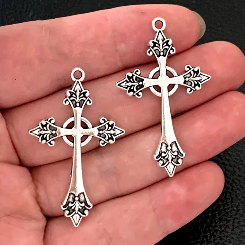 5pcs Silver Color  Large Cross With Flower Charms Religion Faith Pendant Fit DIY Handmade Jewelry Making Finding Supplies
