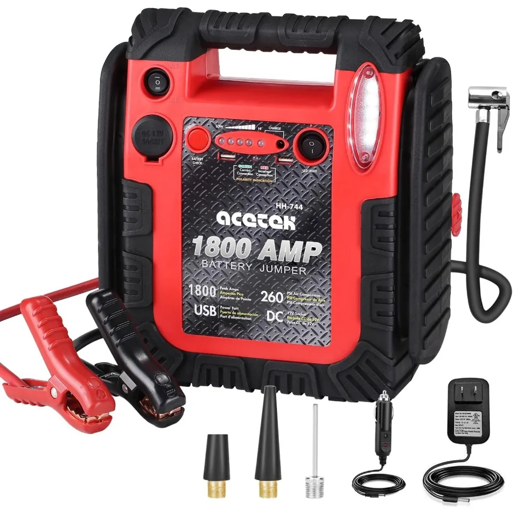 1800 Amp Jump Starter with Air Compressor, acetek Car Battery Jump Starter 260 PSI Tire Inflator, 20000mAh 12V Auto Lead-Acid Ba