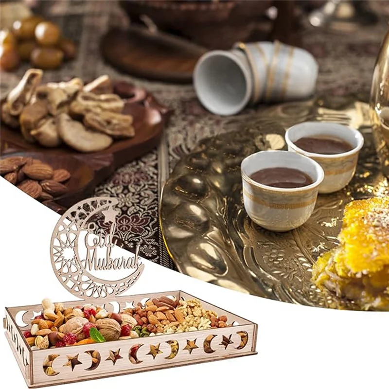 

AB39-Ramadan Тарелка Ид Мубарак Набор подносов Деревянный поднос Комплект украшения стола для десертных закусок Сервировочный поднос с луной и звездой