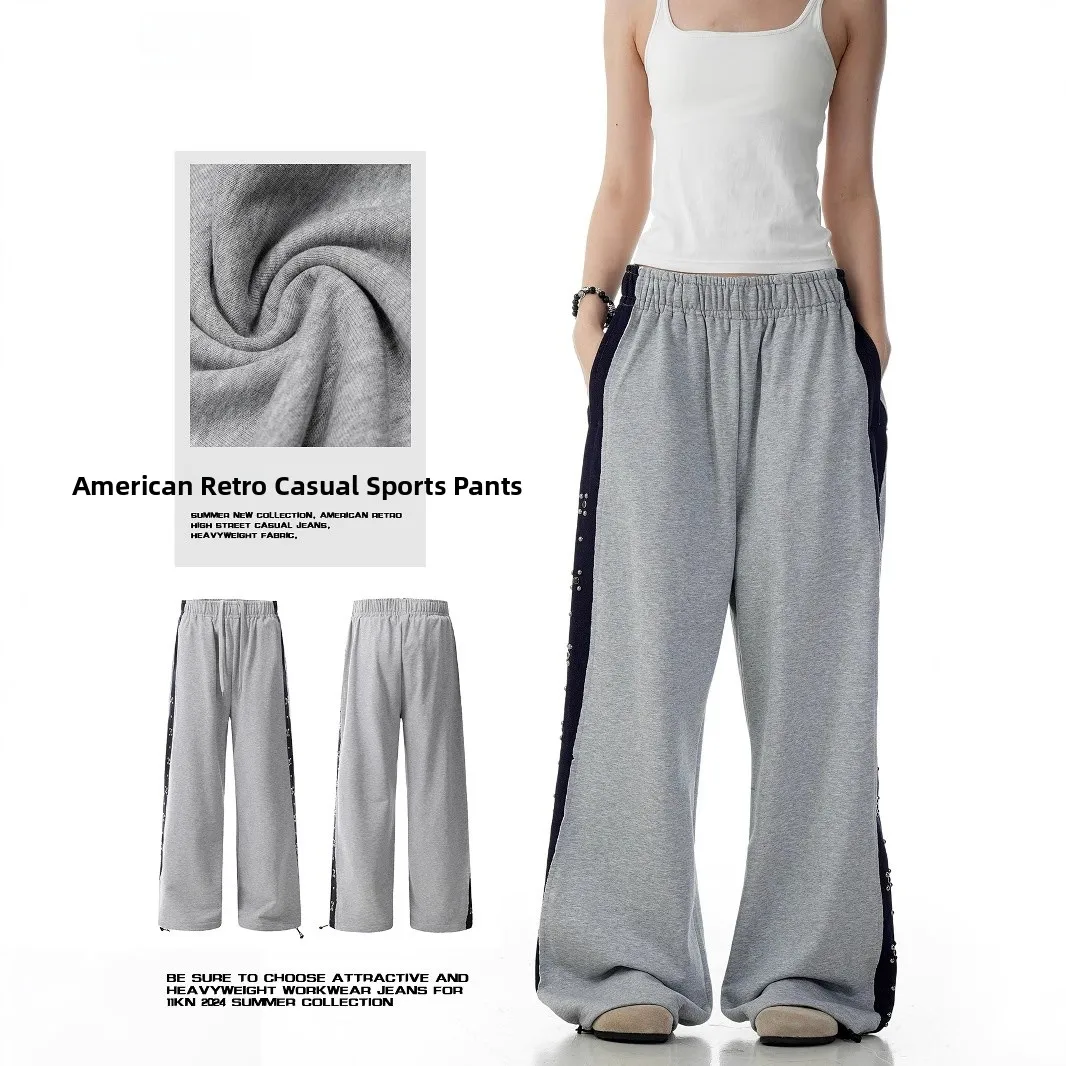 

Американские ретро-брюки унисекс с цветочным принтом, серые, прямого кроя, с завязками, декоративные, свободные, широкие, повседневные